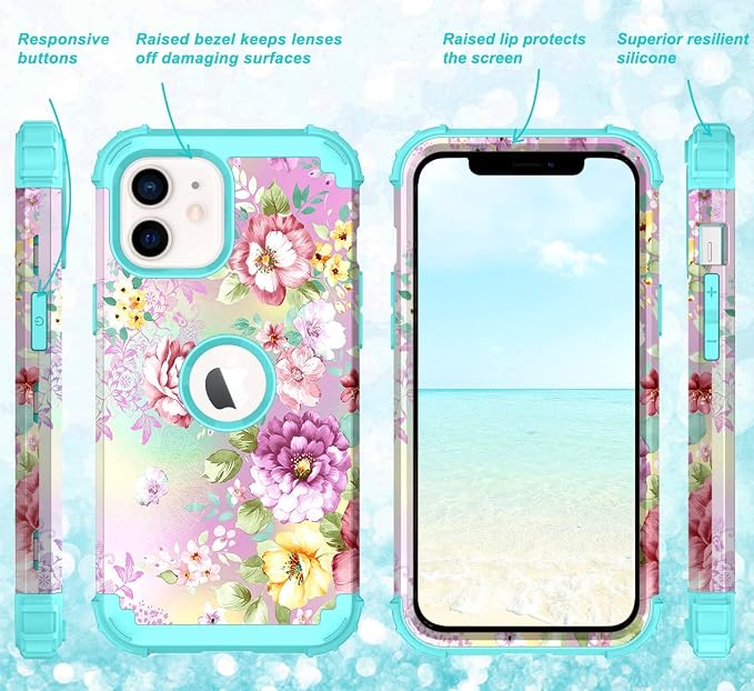 Hocase for iPhone 13 Pro Max Case, Heavy Duty Shockproof Protection Soft Silicone Rubber Bumper+Hard Plastic Hybrid Protective Case for iPhone 13 Pro Max (6.7") 2021 - Purple Florals/Teal