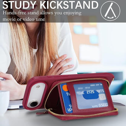 Crossbody Wallet Case for iPhone Air, PU Leather Zipper Handbag Purse Flip Cover, Kickstand Folio Case with Card Slots Holder Wrist Strap Lanyard 5G 6.5 Inch-Dark red