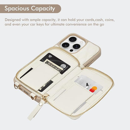 ZVE for iPhone 16 Pro Case Wallet for Women, Crossbody Case with Wrist Strap Protective Leather Lanyard Case with Ring Holder Flip Cover 6.3 Inch-Beige