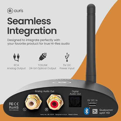 Auris Blume HD Long Range Bluetooth 5.3 Music Receiver Hi-Fi Audio Adapter with Audiophile DAC, LDAC & AptX HD for Home Stereo, AV Receiver or Amplifier