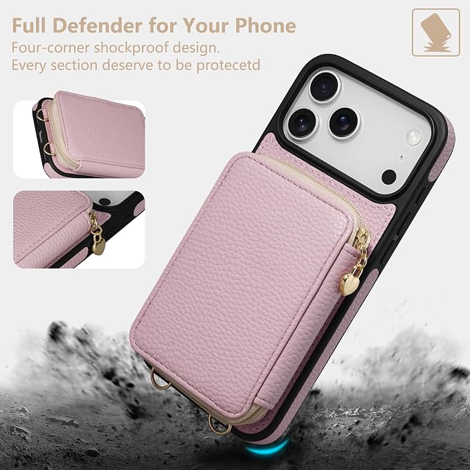 Keallce Case for iPhone 17 Pro Max 6.9'' Case Wallet, Crossbody Zipper Purse with RFID Blocking Card Slots Kickstand, Lanyard & Handstrap Flip Folio Leather Phone Cover for iPhone 17 Pro Max, Pink