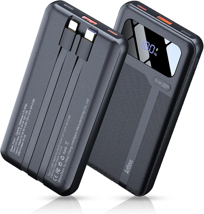 Antteez Portable Charger 10,000mAh, Power Bank Fast Charging with Built-in Cables, 22.5W USB C Travel Battery Pack, LED Display & 4 Outputs, Compatible with iPhone, Samsung, iPad