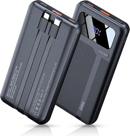 Antteez Portable Charger 10,000mAh, Power Bank Fast Charging with Built-in Cables, 22.5W USB C Travel Battery Pack, LED Display & 4 Outputs, Compatible with iPhone, Samsung, iPad