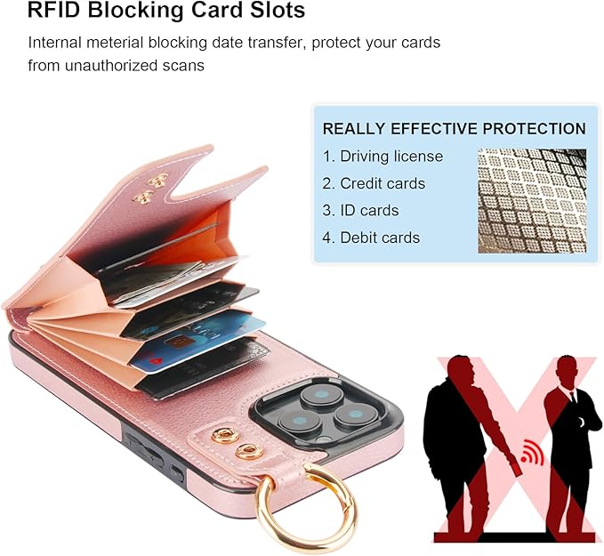 Folosu for iPhone 16 Pro Max Wallet Case with Card Holder, Hand Wrist Strap Loop Holder Kickstand, RFID Blocking Finger Grip Ring PU Leather Double Buttons Shockproof Cover 6.9" Rose Gold