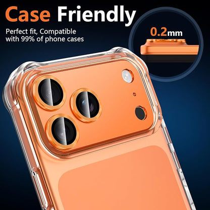 for iPhone 17 Pro Camera Lens Protector, [Military Grade Shatterproof] [Strong Adsorption] [Case Friendly] Full Coverage Metal Aluminum Alloy 9H Tempered Glass Camera Screen Cover, Orange