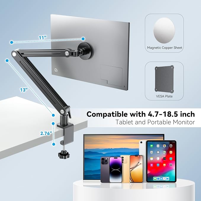 Jakeko Strong Magnetic Portable Monitor Desk Clamp - 75mm VESA Mount 4.7" 12.9" 15.6" 16" 17.3" 18.5 inch 360° Rotate Base Tablet Holder Arm JK07B1