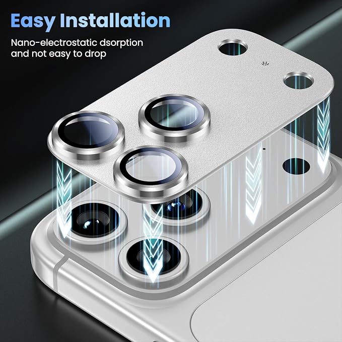 Uyiton Compatible with iPhone 17 Pro Max Camera Lens Protector - [Not Easy to Break][Strong Adsorption][Case-Friendly] Metal Tempered Glass Rear Camera Screen Cover - Silver