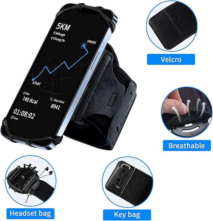 Wristband Phone Holder for Running, 360°Rotation & Detachable Sports Armband with Key Holder for iPhone 17/16/15/14/13/12/11/Pro/XS/XR/X/8/7/6/Plus, for Samsung Galaxy, Fits 4''-6.5''Phone