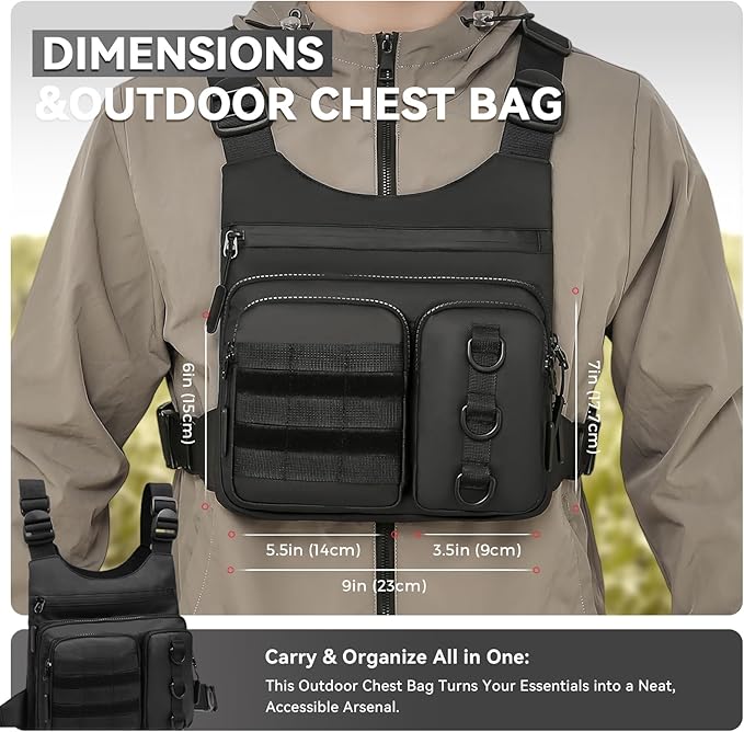 Criuage Outdoor Chest Bag for Men, Lightweight Running Vest with Water Bottle Pocket, EDC Chest Pack for Hiking, Cycling