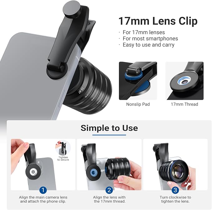 NEEWER Phone Macro Lens Kit, 4 Pcs Stackable Magnetic Closeup Lens Attachment Set with 17mm Threaded Clamp, Clip On Photography Accessories Compatible with iPhone Android Samsung, LS-87