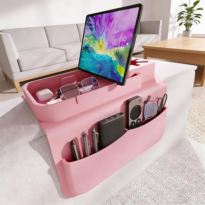 Silicone Couch Cup Holder for Tablet & Phone Stand, Sofa Arm Tray Organizer with Dual Side Pockets for Remotes Snacks Headphones & Glasses Drinks Anti-Slip & Heat Resistant Sofa Caddy (Pink)