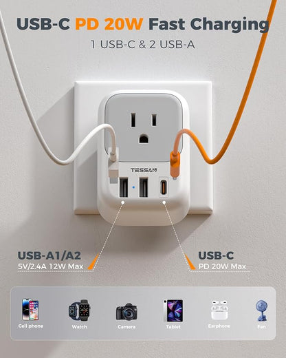 TESSAN 2 Prong to 3 Prong Outlet Adapter 2 Pack, US to Japan Plug Adapter | 4 Outlets 3 USB (1 USB C PD 20W), Outlet Adaptor US to Japan China Mexico Philippines Canada Peru Thailand Vietnam