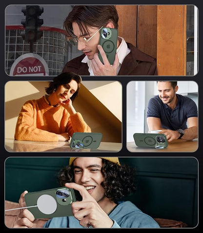 [Upgraded] for iPhone 16 Case with Camera Cover Stand [Fit for MagSafe][9H Camera Lens Protector] Mil-Grade Protection Translucent Matte Silicone Magnetic iPhone 16 Phone Case, Green