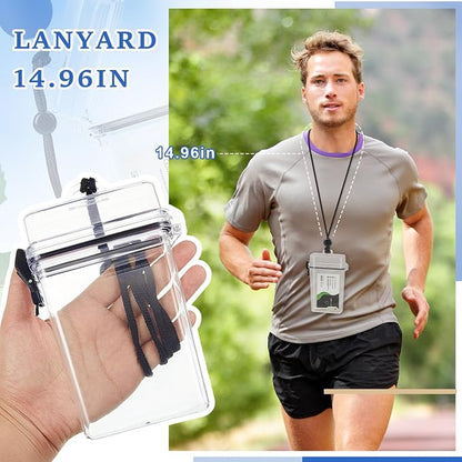 Outus 3 Pcs Waterproof ID Badge Holder Case with Waterproof Buckle Floating Sports Case Locker with Adjustable Hanging Rope Plastic Card Dry Box(Clear,5.43 x 3.33 in,Stylish)