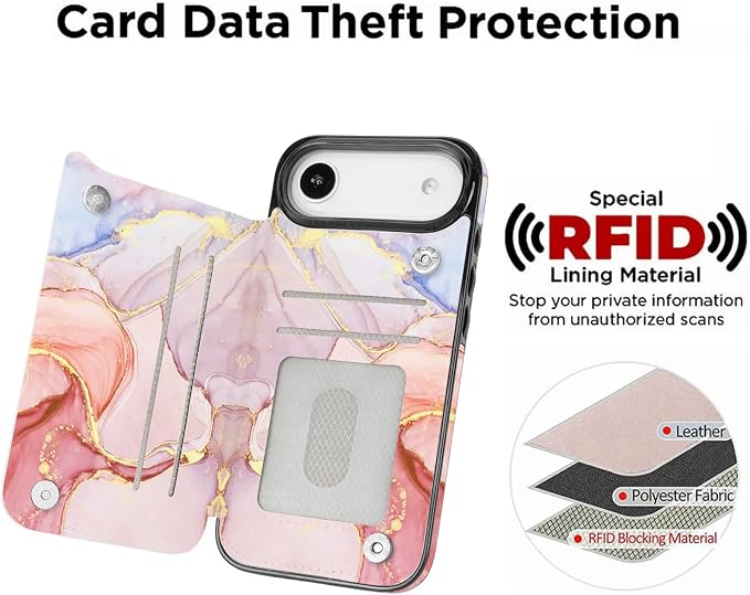 uCOLOR for iPhone 17 Air Wallet Case with Card Holder PU Leather RFID Blocking Design iPhone Air flip case for Women Men Magnetic Clasp Kickstand Design 6.5 inch (Pink Purple Marble)