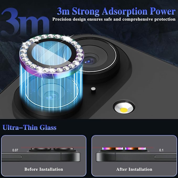 ShinKin Camera Lens Protector for iPhone 17, Glitter Camera Cover, 9H Tempered Glass Individual Metal Ring Camera Protector for iPhone 17 (Diamond -Colorful)
