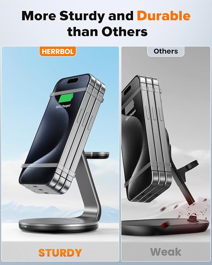 HERRBOLAI 3 in 1 Charging Station Compatible with Magsafe Charger Wireless Stand for iPhone 17 16 15 14 13 12 Wireless Charger Station for AirPods Charging Stand for iWatch Series
