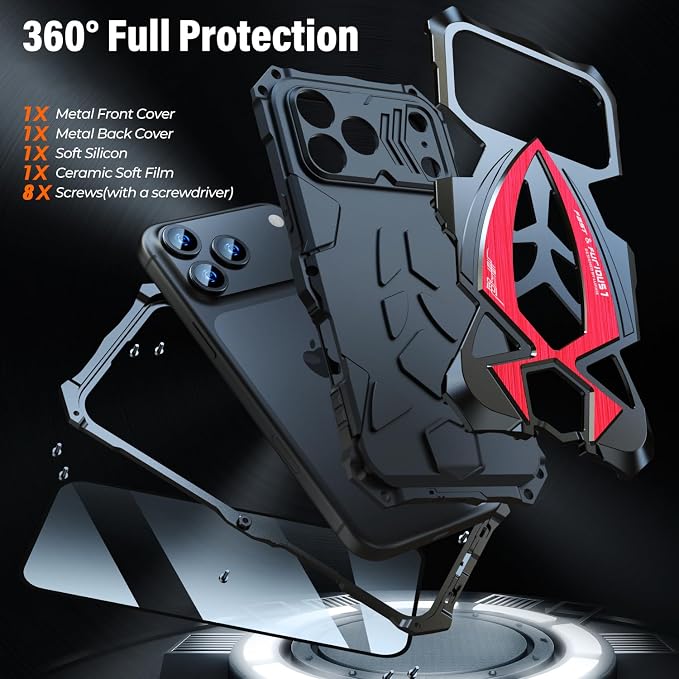 Armor Phone Case for iPhone 17 Pro Max Military Grade Cover 360 Full Protection Heavy Duty Hybrid Metal Bumper Built-in Silicone Shockproof with Screen Protector - Black + Red