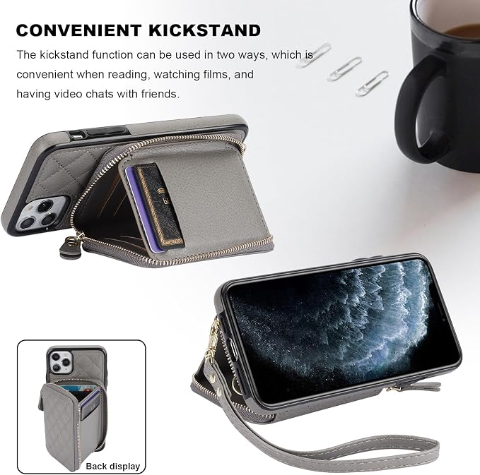 Bocasal Crossbody Wallet Case for iPhone 11 Pro Max, RFID Blocking PU Leather Zipper Handbag Purse Flip Cover, Kickstand Folio Case with Card Slots Holder Wrist Strap Lanyard 6.5 Inch (Grey)