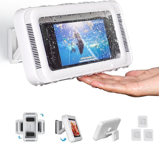 Waterproof Shower Phone Holder with 480° Rotation and Angle Adjustable, Enhanced Sound Quality, Fits Phones up to 7 Inches（White）