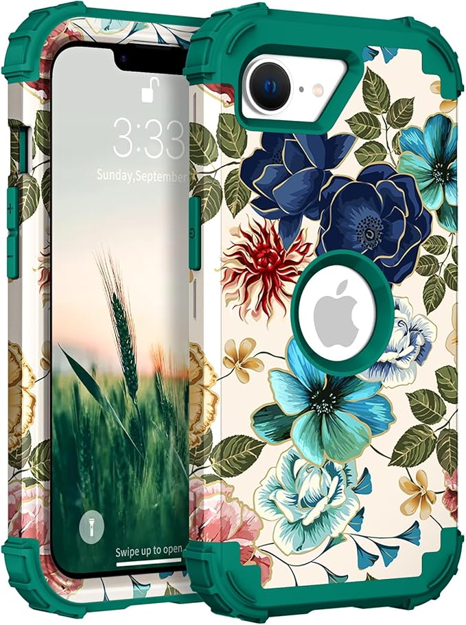 Hocase for iPhone 17e/iPhone 16e Case, Heavy Duty Shockproof Protection Hard Plastic+Silicone Rubber Hybrid Protective Phone Case for iPhone 17e/16e 6.1" - Teal Flowers