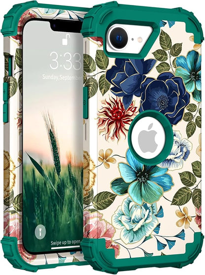 Hocase for iPhone 17e/iPhone 16e Case, Heavy Duty Shockproof Protection Hard Plastic+Silicone Rubber Hybrid Protective Phone Case for iPhone 17e/16e 6.1" - Teal Flowers