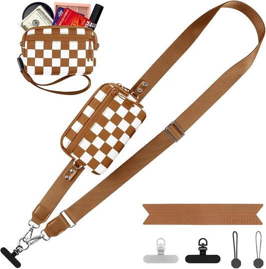 YFWE Clip and Go Strap for Phone with Wallet Crossbody, Adjustable Phone Lanyard with Detachable RFID Wristlet Wallet, Phone Strap with Phone Tabs for All Phones, Bronze Checkered (M)