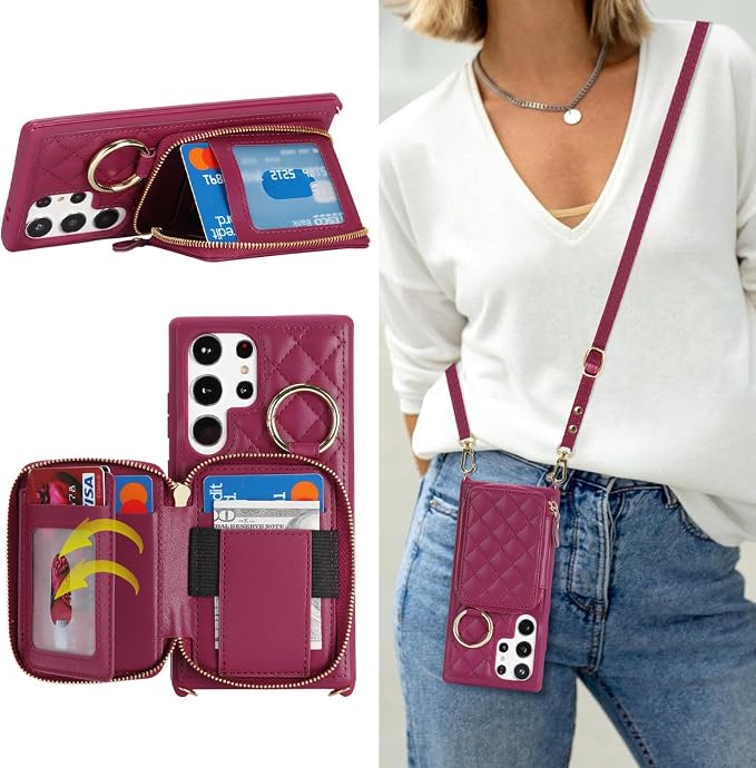 Crossbody Wallet Case for Galaxy S23 Ultra, PU Leather Zipper Handbag Purse Flip Cover, Kickstand Folio Case with Card Slots Holder Wrist Strap Lanyard -Dark red