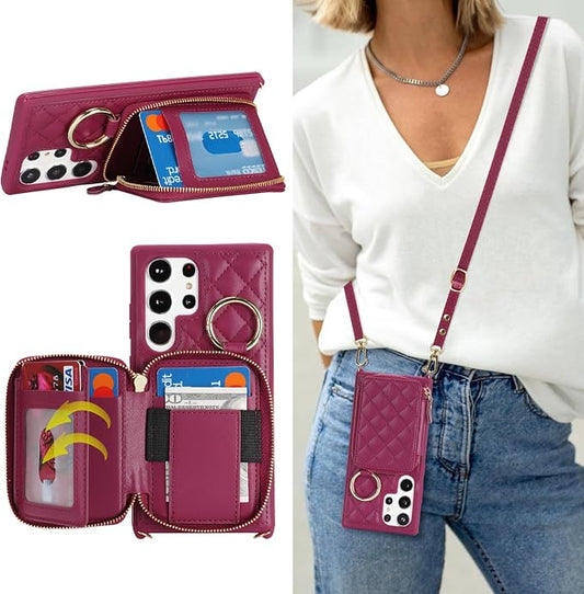 Crossbody Wallet Case for Galaxy S24 Ultra, PU Leather Zipper Handbag Purse Flip Cover, Kickstand Folio Case with Card Slots Holder Wrist Strap Lanyard -Dark red