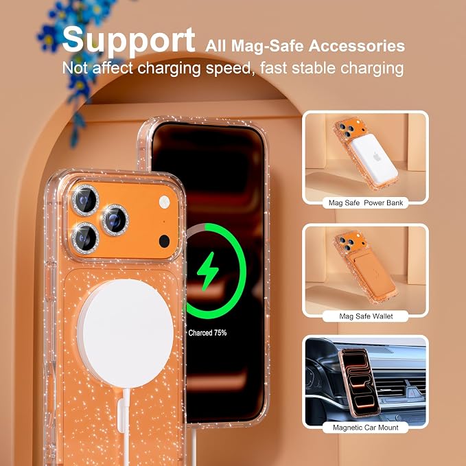 Choiche Magnetic for iPhone 17 Pro Max Case Compatible with MagSafe, Women Cute Glitter Sparkly Phone Case with Diamond Camera Lens Protectors, Military-Grade Drop Protection 6.9" (Clear)