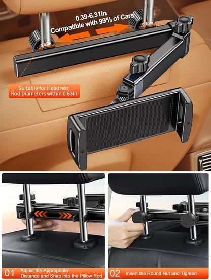 Car Tablet Headrest Holder,[3 in 1 Long Arm] iPad Car Mount for Back Seat,Car Accessories Backseat Road Trip Essentials for Kids Baby,For 4-12.9"Devices,iPad Pro,Air,Mini,Galaxy,Switch,Fire HD