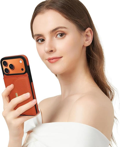 Keallce Wallet Case for iPhone 17 Pro Max 6.9'', Genuine Leather Magnetic Flip Case with RFID Blocking, Card Holder Slots and Kickstand, Protective Folio Cover for Women, Orange
