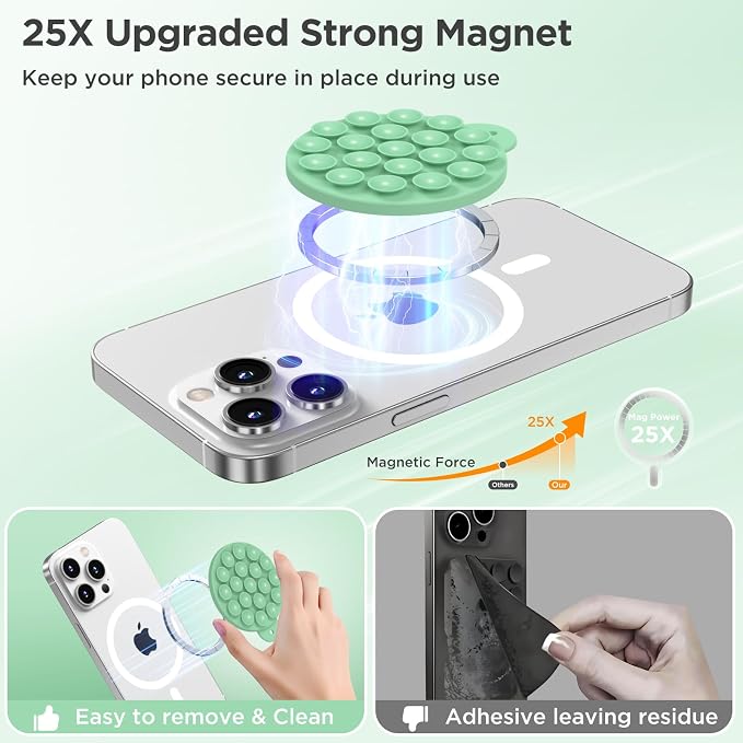 Magnetic Suction Cup Phone Mount, Compatible with MagSafe, Silicone Octo Cup Buddy Sticky Grip Holder for iPhone and Android, Removable Hands-Free Selfie/Video for TikTok, Spearmint Green