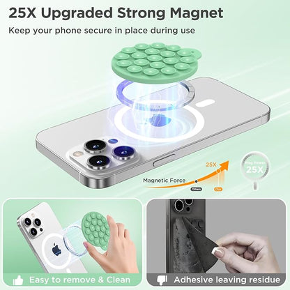 Magnetic Suction Cup Phone Mount, Compatible with MagSafe, Silicone Octo Cup Buddy Sticky Grip Holder for iPhone and Android, Removable Hands-Free Selfie/Video for TikTok, Spearmint Green