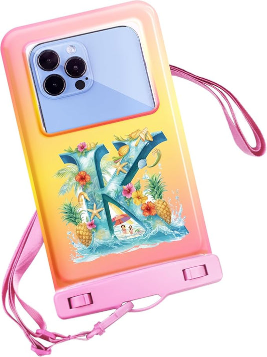 Personalized Initial Waterproof Phone Pouch Case - IPX8 Cellphone Dry Bag with Lanyard for iPhone 16/15/14/13/12 Pro Max (6.1–6.9"), Beach & Cruise Ship Essentials with Monogrammed Design (Pink, K)