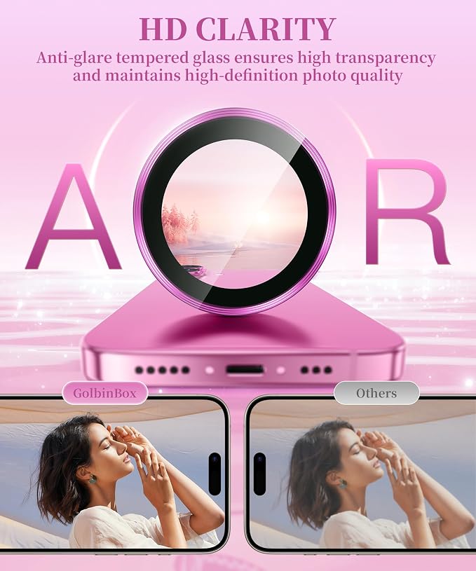 GolbinBox Camera Lens Protector for iPhone 17/16/16 Plus, 1:1 Invisible Fit, 9H Tempered Glass Ultra HD Metal Individual Camera Cover, Case Friendly, Hot Pink