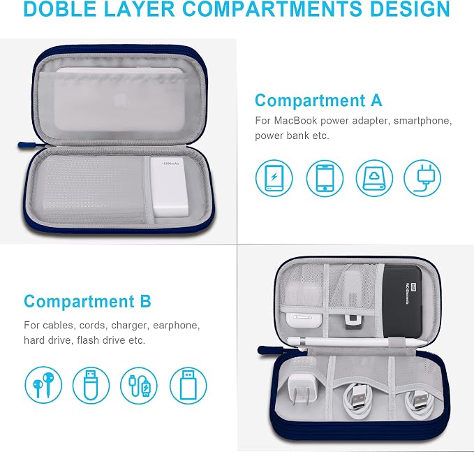 Lacdo Electronic Organizer, Travel Cable Organizer Bag Pouch Tech Electronic Accessories Carry Case Portable Double Layer Charger Case for Cable, Cords, Charger, Phone, Earphone, Power Bank, Navy Blue