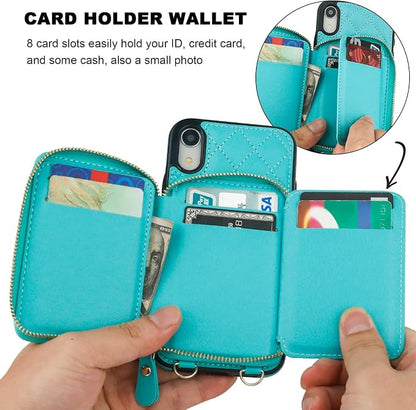 Bocasal Crossbody Wallet Case for iPhone Xr, RFID Blocking PU Leather Zipper Handbag Purse Flip Cover, Kickstand Folio Case with Card Slots Holder Wrist Strap Lanyard 6.1 Inch (Mint Green)