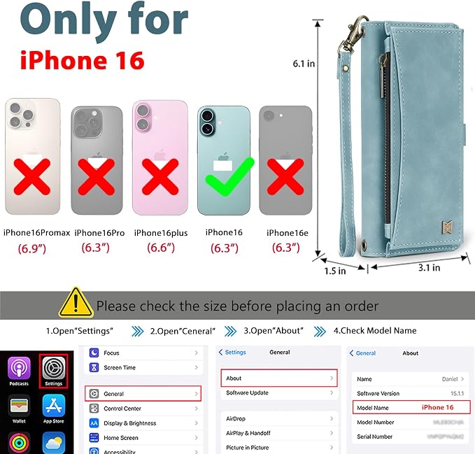 Wallet Case for iPhone 16 with Card Holder/Crossbody Wallet/Strap| RFID Blocking | Magnetic | Kickstand | Detachable | PU Leather Phone Case for iPhone 16,6.1 in,Blue