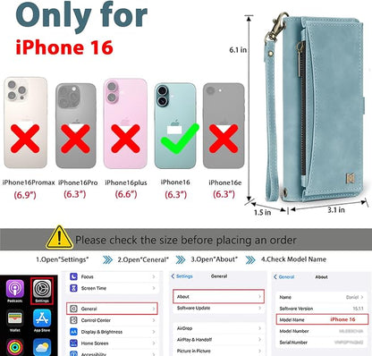 Wallet Case for iPhone 16 with Card Holder/Crossbody Wallet/Strap| RFID Blocking | Magnetic | Kickstand | Detachable | PU Leather Phone Case for iPhone 16,6.1 in,Blue