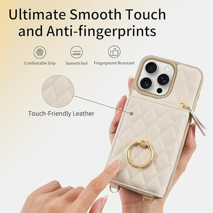 ZVE Crossbody Wallet Case for iPhone 14 Pro Max with Wrist Strap Protective Leather Lanyard Case with Card Slot Ring Holder for iPhone 14 Pro Max 6.7 Inch-Beige