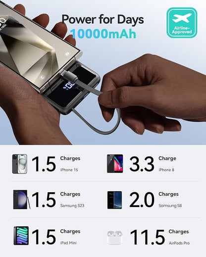 INIU 10000mAh Power Bank, Small 45W PD Fast Charging Portable Charger with Built-in USB C Cable, Flight-Safe Travel External Phone Battery Pack for iPhone 17 Pro Max Samsung S26 iPad etc, Black