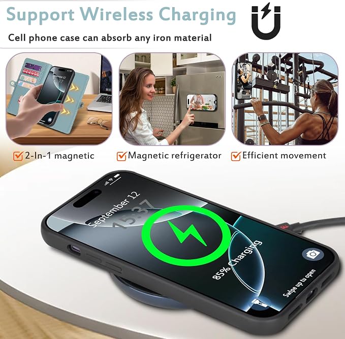 for Wallet Case Compatible with iPhone 16 Pro Max,Multi-Function Detachable 2 in 1 Magnetic iPhone 16 Pro Max Case Wallet,Flip Strap Zipper Card Holder Phone Case with Shoulder Straps (Blue)