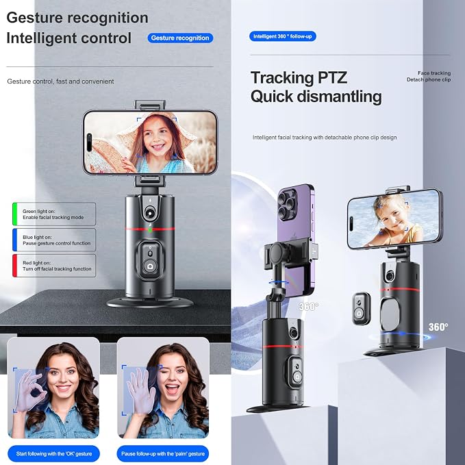 MQOUNY Auto Tracking Phone Holder,360° Rotation Phone Camera Mount Smart Shooting Tracking Holder with Remote Selfie Stick for iPhone Android Stabilizer Shooting Live,No App,Rechargeable