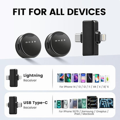 Wireless Lavalier Microphones for iPhone/Android/iPad, Mini Microphones with Noise Reduction, 2.4GHz, Magnetic Clip, Lapel Mics Wireless for Video Recording, Streaming, Vlogging, YouTube Tiktok, 131FT