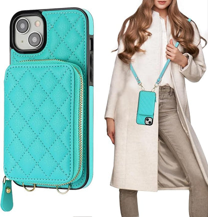 Bocasal Crossbody Wallet Case for iPhone 15 Plus, RFID Blocking PU Leather Zipper Handbag Purse Flip Cover, Kickstand Folio Case with Card Slots Holder Wrist Strap Lanyard 5G 6.7 Inch (Mint Green)