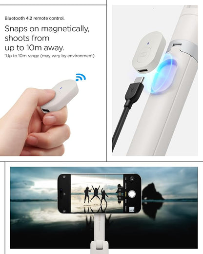 Spigen Selfie Stick Automatic Tripod Stand with Bluetooth Remote Control Shutter 57" Extendable Compatible with MagSafe iPhone 17/16/15/14/13/12 Pixelsnap Pixel 10 Series & More - Dune Beige (S581W)