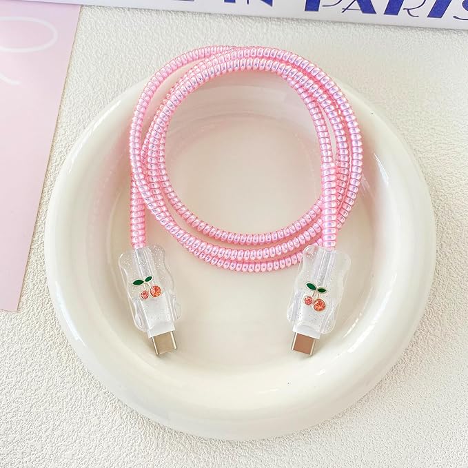 Charger Cover Set, Compatible with Apple 40W Dynamic Power Adapter (with 60W Max), Cute Wave-Shaped Flexible TPU Charger Case+ Exquisite Cable Protector for Charging Cables, Pink Cherry (5in1)