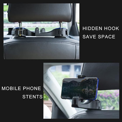 2 in 1 Car Seat Hook with Phone Holder, Universal 360° Swivel Headrest Hook, Handbag Holder Hanger Storage Box, Silent, Drop Resistant and Universal Fit