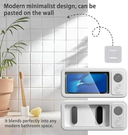 Waterproof Shower Phone Holder with Bluetooth Speaker, Touch Screen Phone Case for Shower, Wall Mounted Phone Holder with 360° Rotation, IPX5 Water Resistant (White)